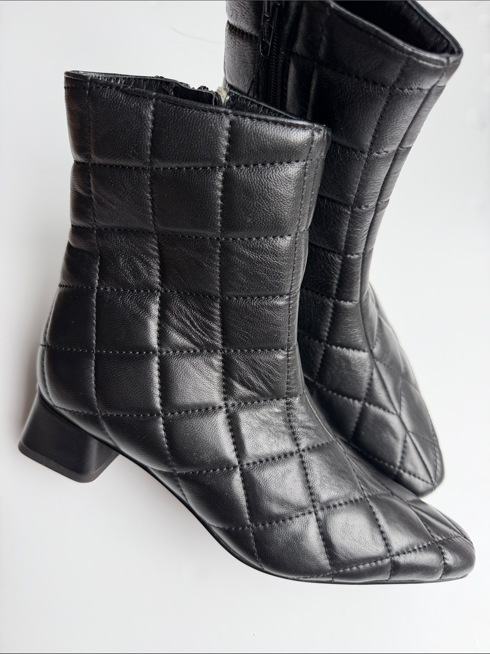 Made In Italy Black Quilted Leather Ankle Boots Square Toe Block Heel Size 39 - Picture 6 of 16